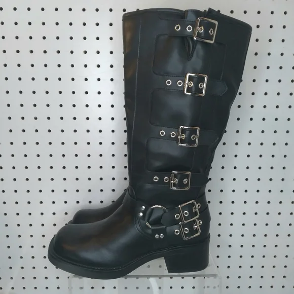Women's 12.5" Knee High Moto Boots Buckle Strap Gothic Low Chunky Platform Black - Picture 1 of 10
